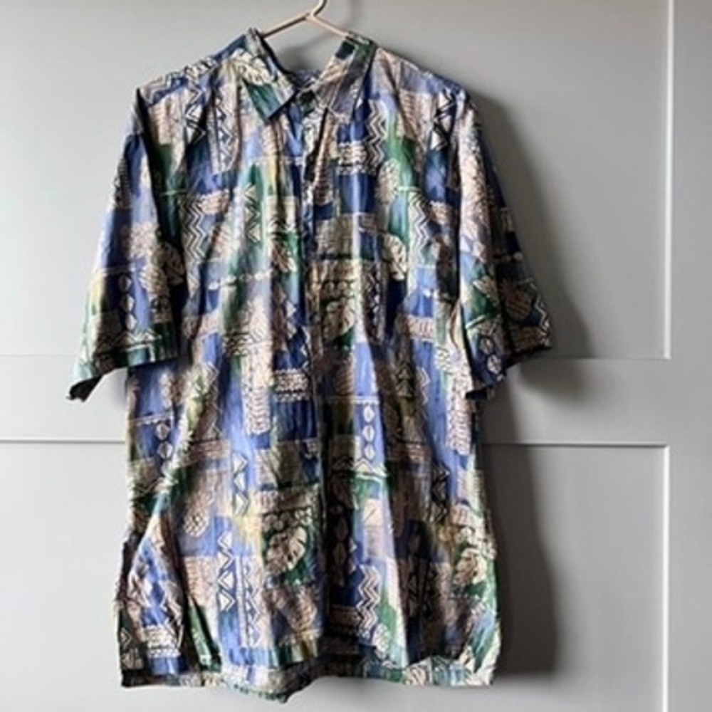 Tori‎ Richard 90s Tropical Tribal Print Button Down Shirt Blue Green L Pineapple